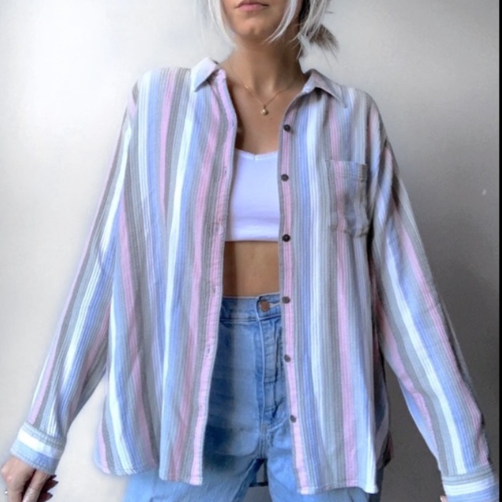 VINTAGE | Oversized Striped Terry Pastel Button Down Shirt Top